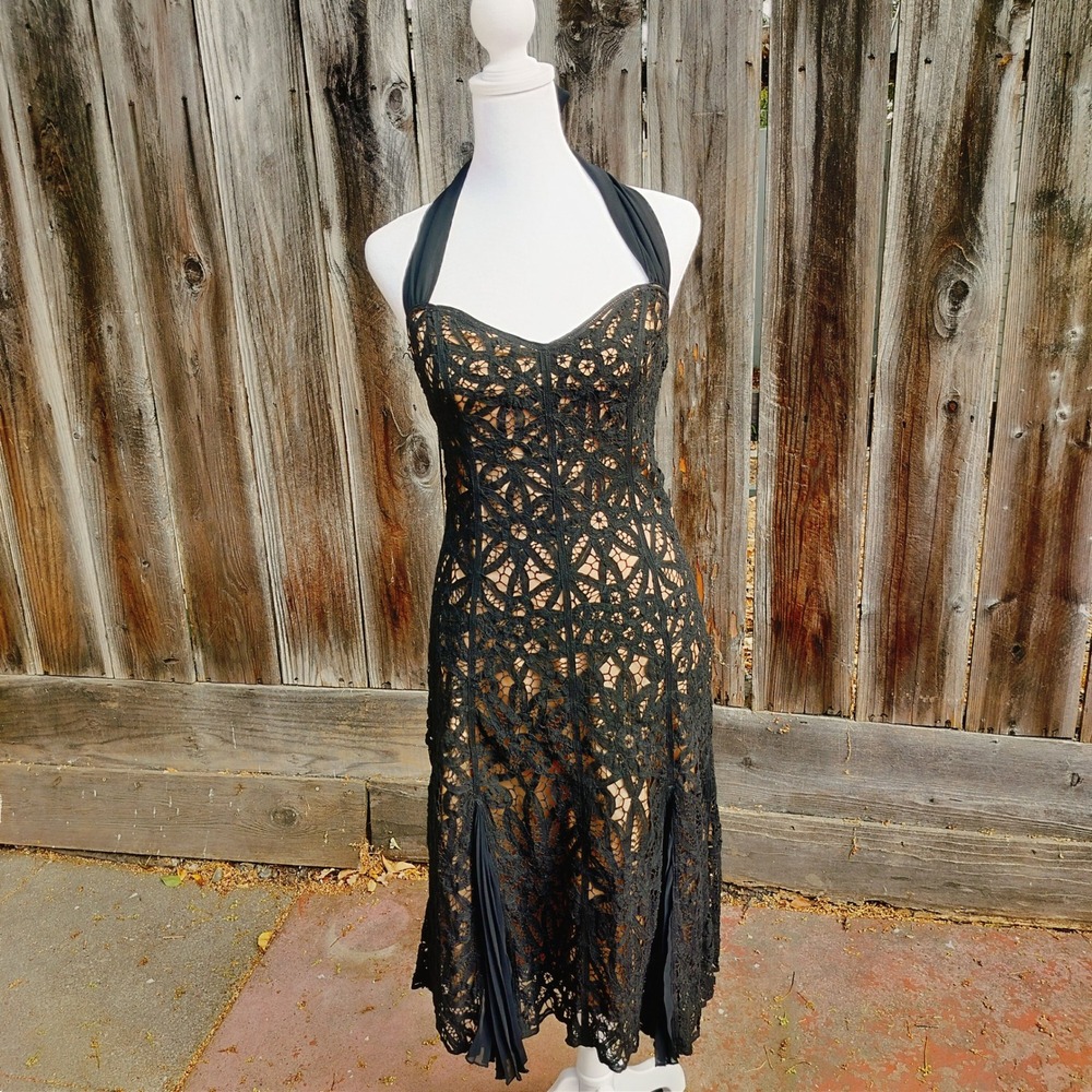 Vintage Betsey Johnson Lace Halter Midi Dress Pleated Black Beige Party Cocktail